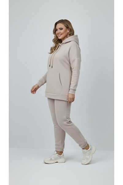Koza Butik Women's Plus Size Long Sleeve Three Thread Sh Fleece-Lined Rubber Leggings Tracksuit Set 8230