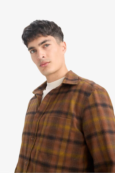 DeFacto Regular Fit Polo Collar Checkered Flannel Brown Men's Shirt E8183Ax/Bn152