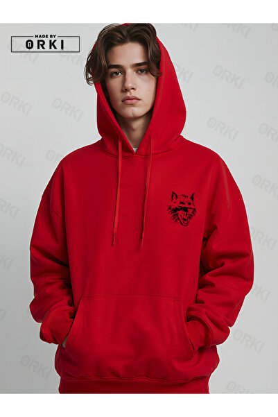 EFFRENATU Scary Wolf Printed Oversized Red Hooded Sweatshirt Black Pants – Comfortable and Stylish Hoodie