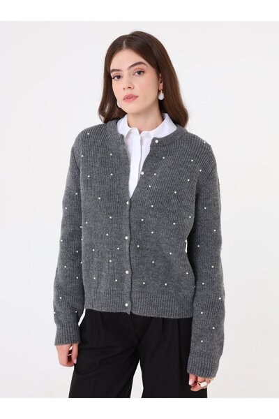 Refka Pearl Detailed Crew Neck Buttoned Knit Cardigan - Dark Gray -