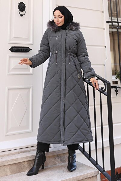 Missvalle Zippered Hooded Quilted Coat Gray 19277