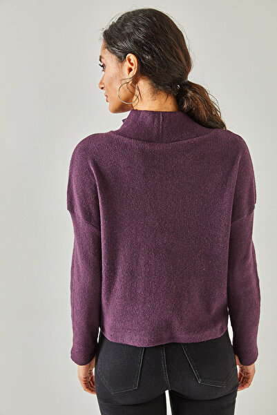 Olalook Women's Plum Zippered Mock Neck Fleece-Lined Corded Fabric Stretchy Sweater Kzk-19001071