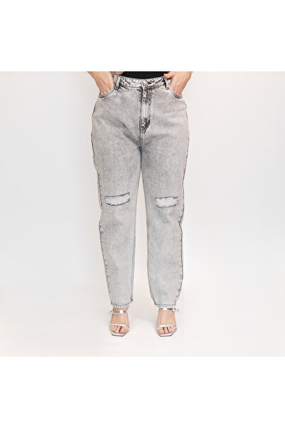 LINELLE Ladies Casual Wear – Grey Mom-Fit Cotton Denim Pants with Ripped Detailing, LLJ33223-GR