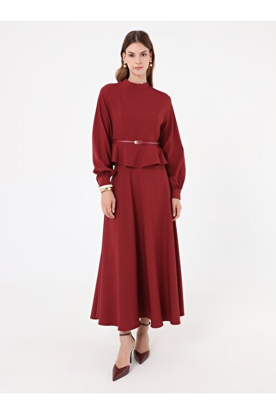 Refka Belt Detailed Flared Shirt & Skirt Set - Burgundy -
