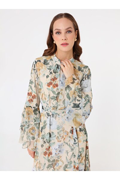 Refka Leaf Patterned Chiffon Fabric Hijab Dress - Yellow -