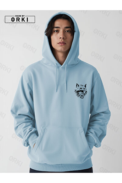 EFFRENATU Scary Wolf Printed Oversized Light Blue Hooded Sweatshirt Black Pants – Comfortable and Stylish Hoodie
