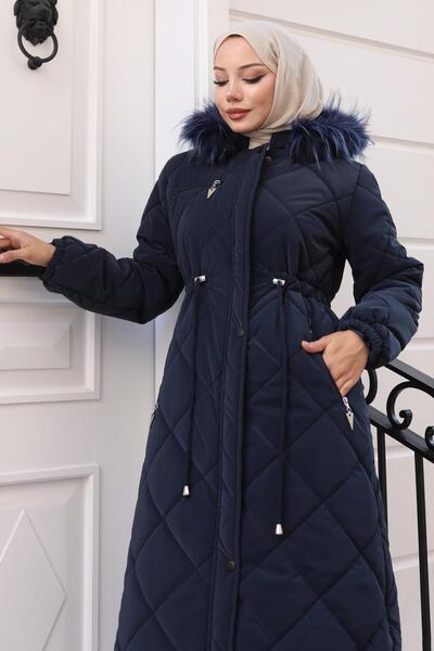 Missvalle Zippered Hooded Quilted Coat Navy Blue 19277