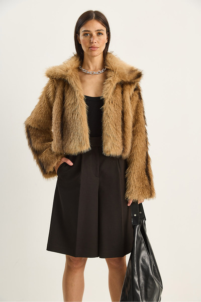 Bianco Lucci Women's Patterned Collared Lined Faux Crop Fur Jacket 2852 60281123