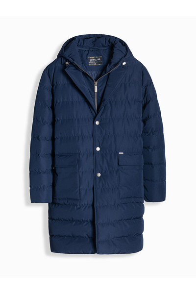 OMBRE Μακρύ καπιτονέ ανδρικό μπουφάν με φλατ φόδρα και επένδυση - Σκούρο μπλε v1 OM-JALJ-0177