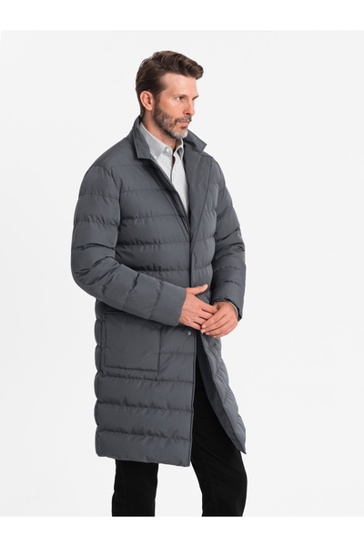 OMBRE Μακρύ καπιτονέ ανδρικό μπουφάν με φλατ και επένδυση - Graphite V2 OM-JALJ-0177