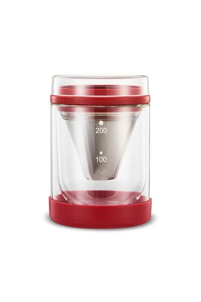 Diguo 2-in-1 Coffee Drip and Serving Cup V60 with Stainless Steel Filter, Double Insulated Glass Cup, Red, 200ml