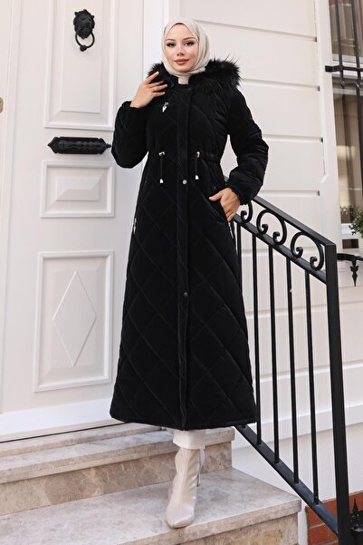 Missvalle Zippered Hooded Quilted Coat Black 19277