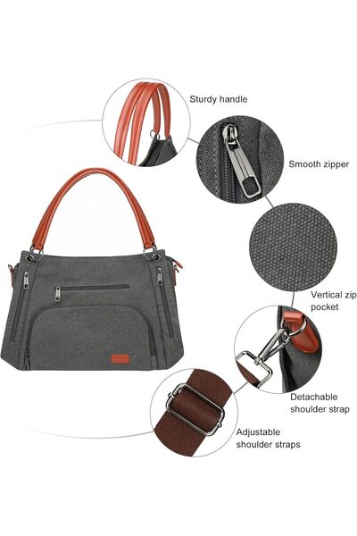 iCozzier Canvas Tote Shoulder Bag - Large Vintage Multi-Pocket Hobo Crossbody - Grey