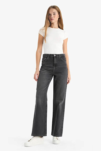 DeFacto 90's أرجل واسعة بنطال جينز نسائي طويل عالي الخصر من أنثراسايت F2943AX...