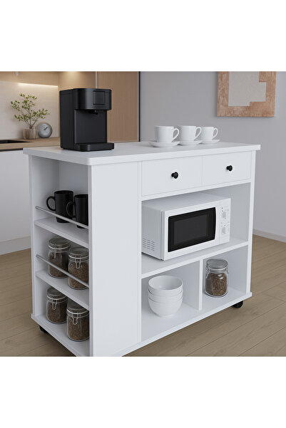 mp atelier Tekerlekli i Kahve Köşesi Dolabı Oval Kenarlı Mikrodalga ve Tost Makinesi Uyumlu, Modern Tasarım