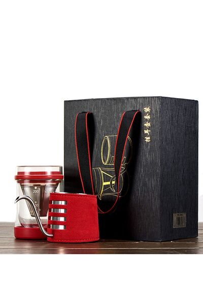 Diguo 2-in-1 Coffee Brewing and Serving Pot V60 with Stainless Steel Filter and Double Insulated Glass Cup (Red, 200ml)