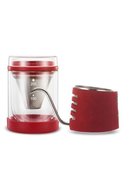 Diguo 2-in-1 Coffee Brewing and Serving Pot V60 with Stainless Steel Filter and Double Insulated Glass Cup (Red, 200ml)