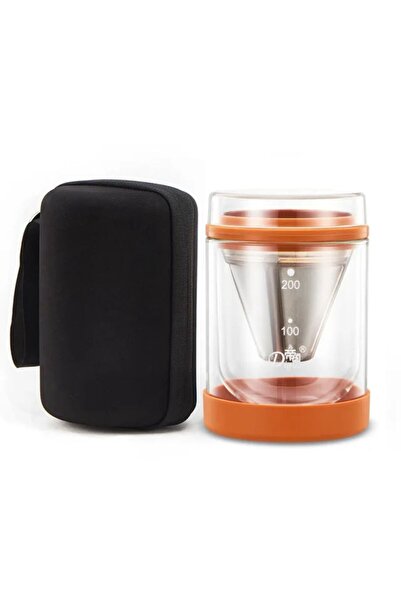 Diguo 2-in-1 Coffee Drip and Serving Cup V60 with Stainless Steel Filter, Double Insulated Glass Cup, Orange, 200ml