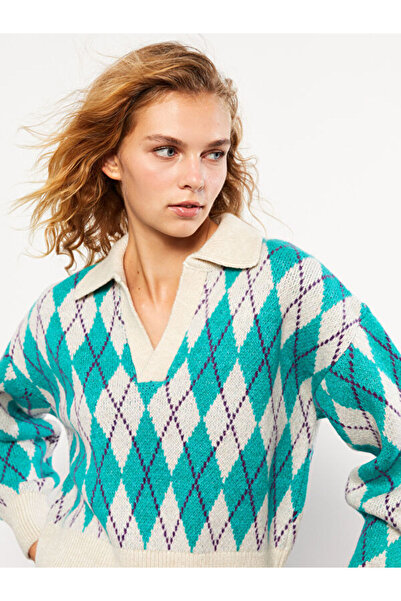 LC Waikiki Polo Collar Patterned Long Sleeve Women's Knitwear Sweater