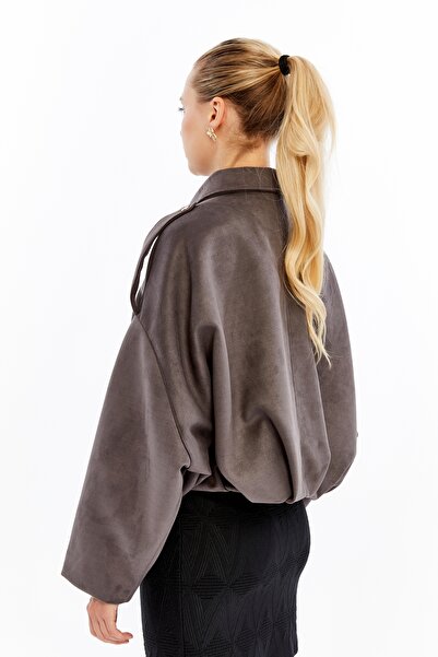 Primaro Zippered Epaulettes Bat Sleeve Apache Collar Suede Coat