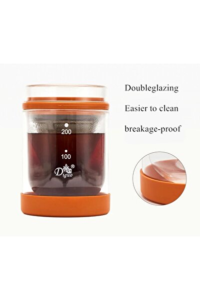 Diguo 2-in-1 Coffee Brewing Pitcher + Serving Cup V60 with Stainless Steel Filter and 200ml Double Insulated Orange Glass Cup
