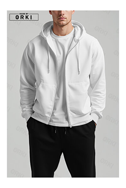 EFFRENATU White Unisex Clothing Hooded Zippered Printed Top & Bottom Set Plus Size