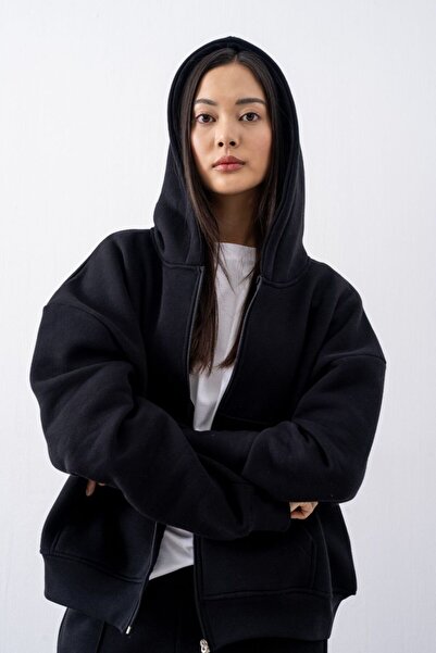 gothamvibes سويت شيرت نسائي Chill قصة فضفاضة باللون الأسود بسحاب