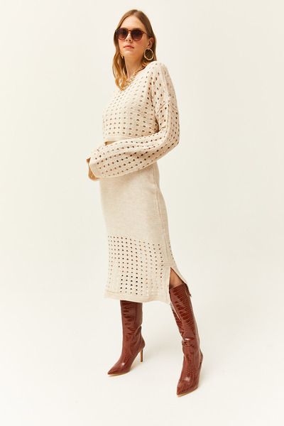 Olalook Women's Stone Lace-Like Knit Sweater Lace-Like Knit Dress Knitwear Set Tkm-19000461