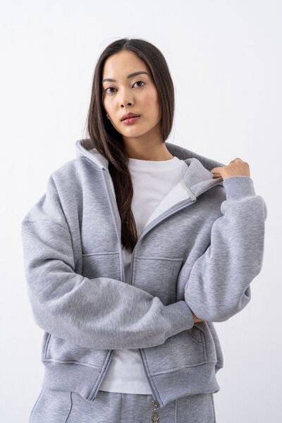 gothamvibes سويت شيرت نسائي من Chill قصة فضفاضة باللون الرمادي بسحاب