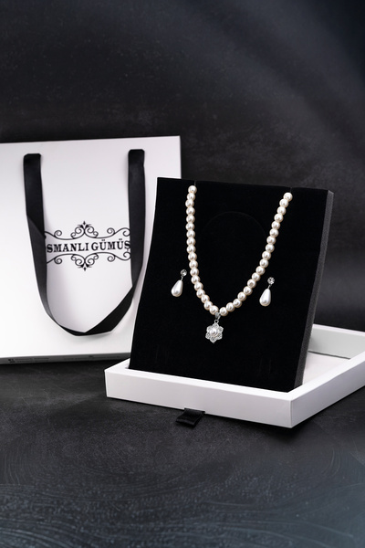 OSMANLI GÜMÜŞ Kadın İnci Kolye Küpe Set - Margaret Model Çiçek Motifli Kadın İnci Set