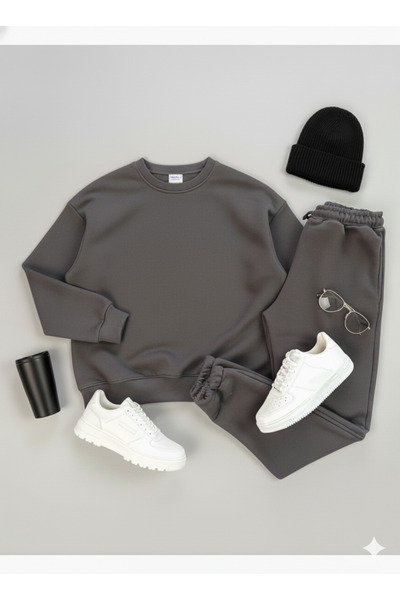 KVİNS Unisex Basic Crew Neck Tracksuit Set - Oversized Cotton Sweatshirt & Jo...