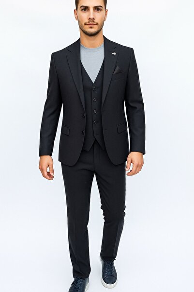 Plus Scorpion Black Corded Fabric Velvet Men's Suit – 3 Pieces Vest Set , Stylish and Modern Slim Fit Cut