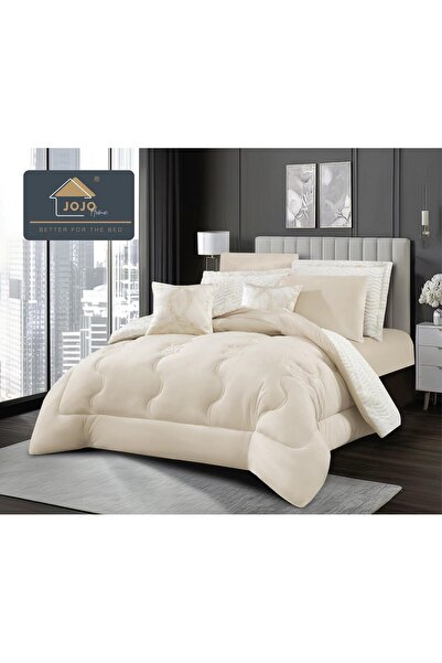JOJO HOME Bedding set with elastic, with duvet included, faux rabbit fur, 6 pieces, Cream