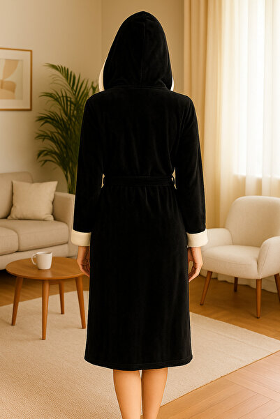 Miss Dünya Lissa Alegra Black Hooded Winter Velvet Dressing Gown