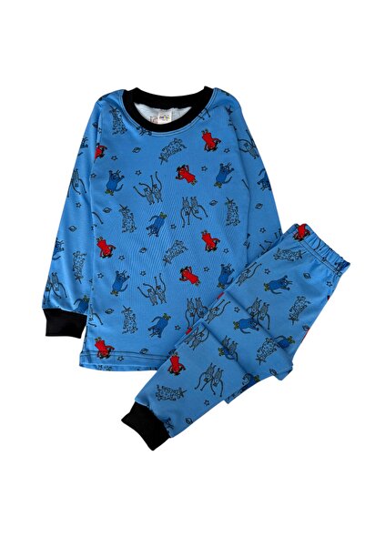 Şekerkids Boy's Blue Color Interlock Fabric Long Sleeve Pajama Set