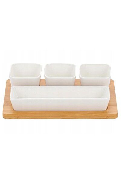 Florentyna Porcelain serving bowl set with bamboo stand, 4 pieces, white, Florina