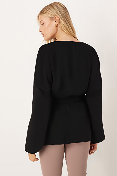 armonika Women's Black V-Neck Belted Cashmere Kimono Arm-26K001049