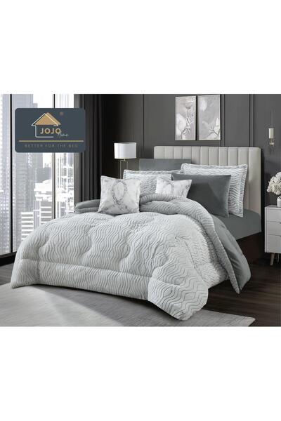 JOJO HOME Bedding set with elastic, with duvet included, faux rabbit fur, 6 pieces, Grey