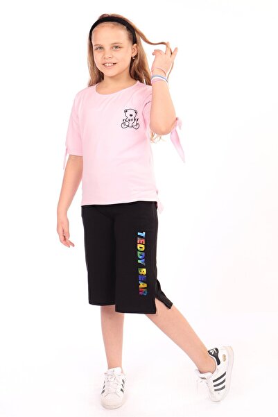 Toontoy Kız Çocuk 2'li Takım Baskılı Bisiklet Yaka T-Shirt & Beli Lastikli Ka...
