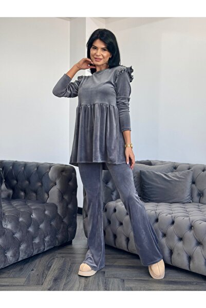 RAMONA BADESCU EXCLUSIVE Fine velvet tracksuit with flared blouse and decorative ruffles