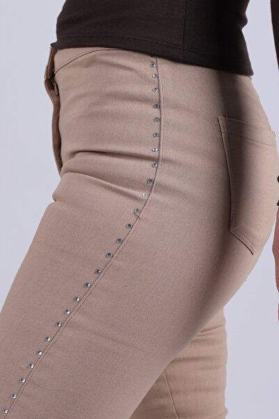 armonika Women's Beige High Waist Skinny Leg Trousers with Stones on the Sides Arm-26K136082