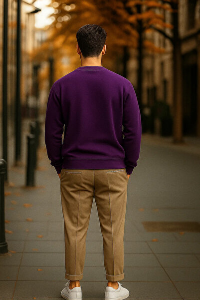 COMBİNE MİCHAİL Men's Casual Basic Purple Loose Sweater