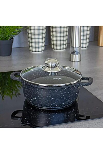 Kinghoff Cratita din aluminiu turnat, cu strat marmorat, cu capac din sticla, 28 cm, 6.5 litri, negru, Kingho