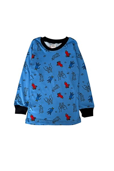 Şekerkids Boy's Blue Color Interlock Fabric Long Sleeve Pajama Set