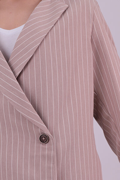 armonika Women's Beige Oversized Double Sleeve Double-Breasted Collar Lined Blazer Jacket Arm-26K001052