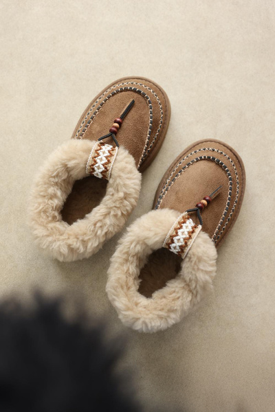 LUTVELIZADE Bot 2523 - İçi Kürklü Boncuk İşlemeli Vizon Süet Kadın Bot