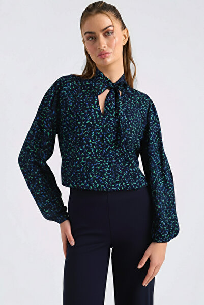 armonika Γυναικεία πράσινο-μπλε μπλούζα με λάστιχο με δέσιμο στο λαιμό ARM-25K001096