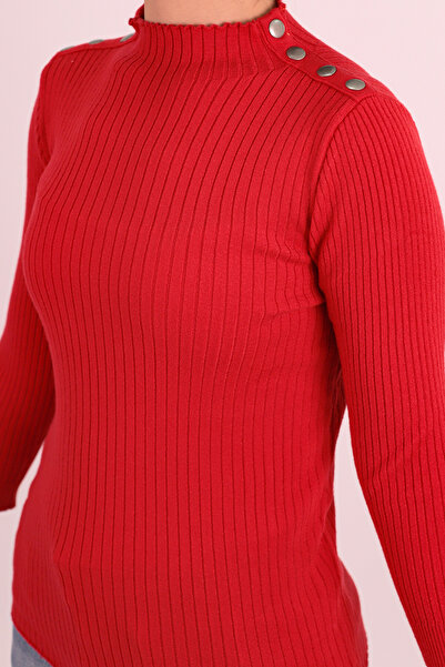 armonika Women's Red Mock Neck Shoulder Staple Detailed Knitwear Sweater Arm-26K136065