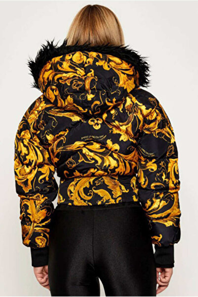 Versace Women's Regular Fit Baroque Patterned Hooded Crop Puffer Coat - Black/Gold Yellow