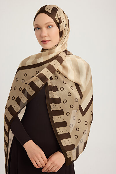 ipekistanbul Aurora Patterned Fringed Shawl - Rhythmic Geometry - Beige